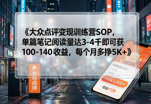 大众点评变现训练营SOP,单篇笔记阅读量达3-4千即可获100-140收益,每个月多挣5K+ 大众点评变现训练营SOP,单篇笔记阅读量达3-4千即可获100-140收益,每个月多挣5K+